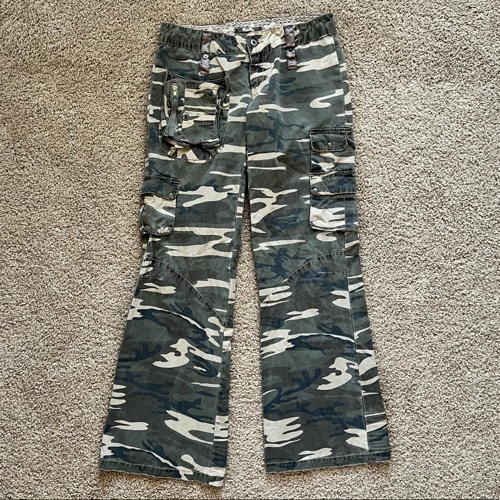 Miss Me Y2K Style Camo & Lace Cargo Flared Pants
